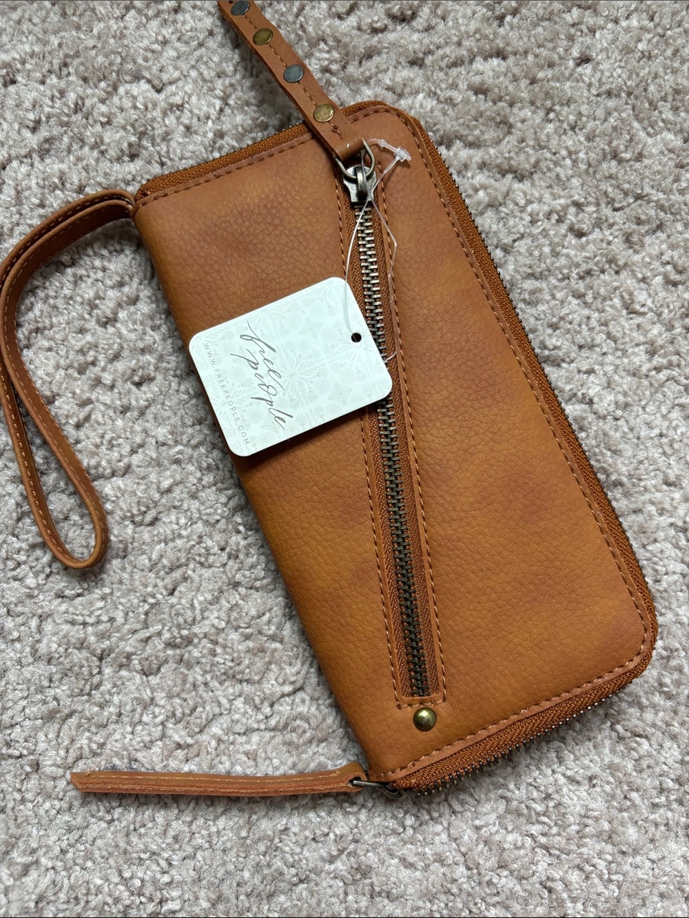 Free People Cognac Leather Zip Wristlet
